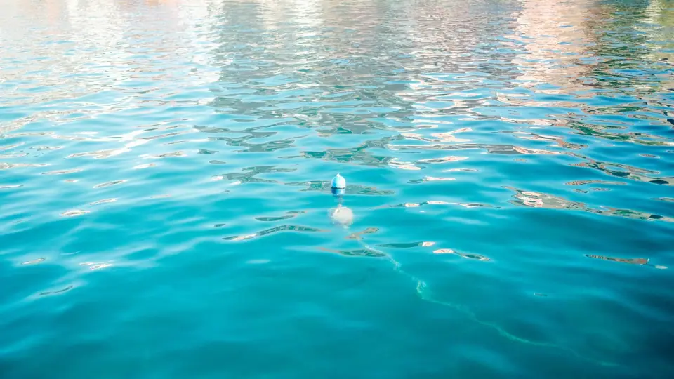 A tiny buoy amid shimmering turquoise reflections.