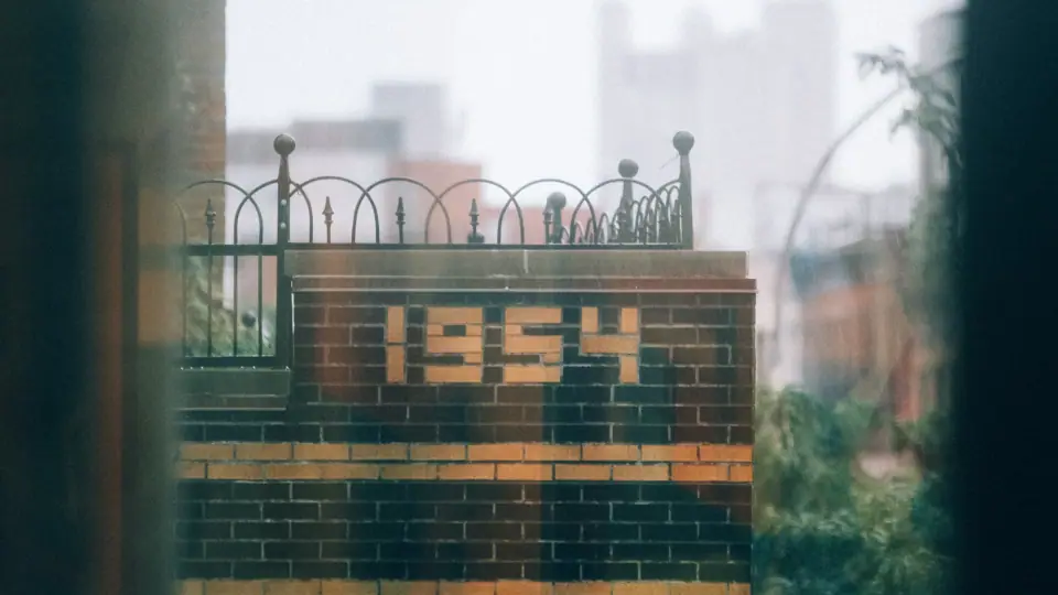 Soft foreground edges frame lettering on brick and a distant city view.