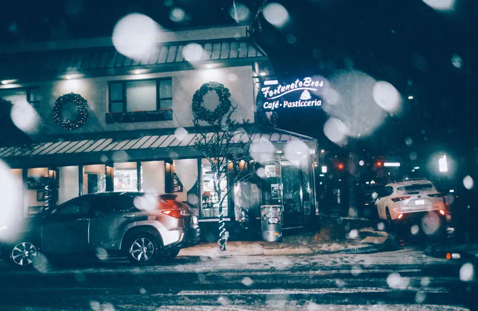 Large bright flakes across a night street scene.